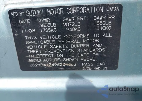 2009 Suzuki Sx4 Technology from USA, damaged, VIN JS2YB413496204362